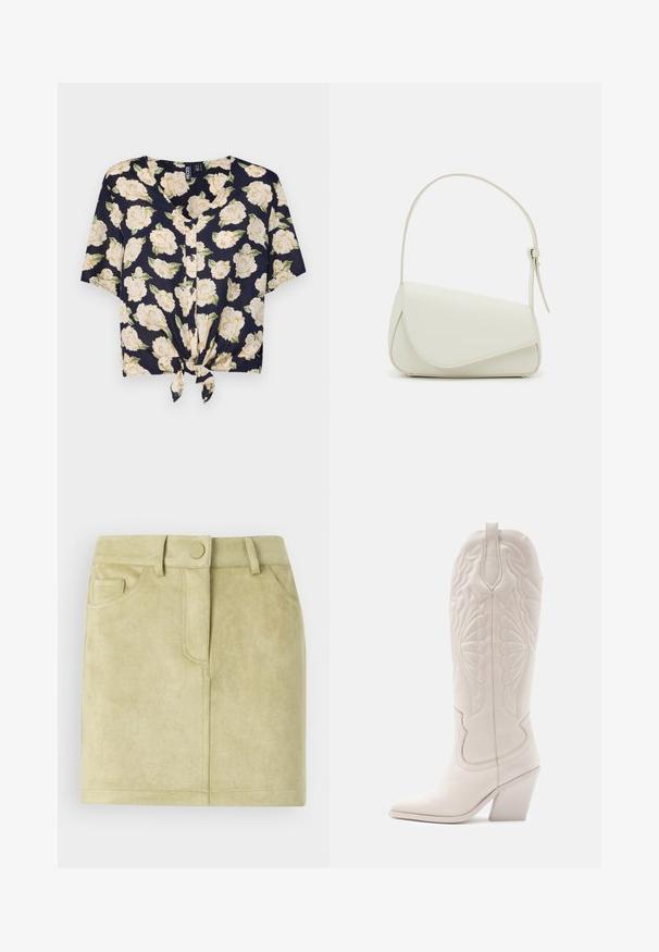 Pieces PCNYA SS TIE BF - Blouse - sky captain; Jupe mini en daim de couleur vert clair. Dotée d'une taille cintrée, de deux poches avant et d'une fermeture avant avec un bouton rond. Texture douce.; Bottine de cowboy en cuir blanc avec un bout pointu et un talon bloc. Présente des motifs de broderie complexes sur la tige et une texture lisse.; Sac à main en cuir synthétique blanc avec une forme triangulaire structurée, une bandoulière unique réglable et un rabat à courbes accentuées.
