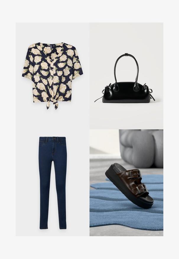Pieces PCNYA SS TIE BF - Bluse - sky captain; Stramme jeans i mørkeblåt denim med en glat overflade, der har et klassisk fem-pockets design og kontrasterende guldsting.; Brun læder slide-sandal med to justerbare sølvspænder på en sort platformsål, hvilende på et tekstureret blåt tæppe.; Lille sort blank håndtaske med to lange håndtag og snøre-detaljer i siden på en ensfarvet lys baggrund.