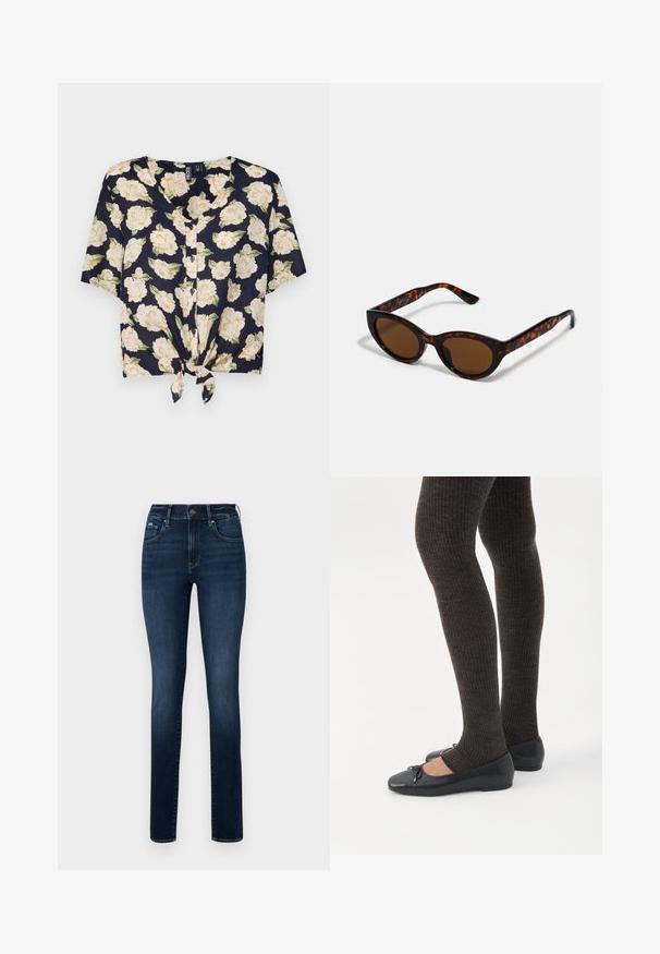 Pieces PCNYA SS TIE BF - Blouse - sky captain; Donkerblauwe denim jeans met een rechte pijp, vijf zakken en een knoopsluiting op de tailleband.; Benen met donkere geribbelde leggings gecombineerd met zwarte ballerina's met kleine strikdetails op een witte achtergrond.; Bruine schildpad zonnebril met een vintage cat-eye vorm en bruine lenzen. Heeft gebogen armen met rode accenten.