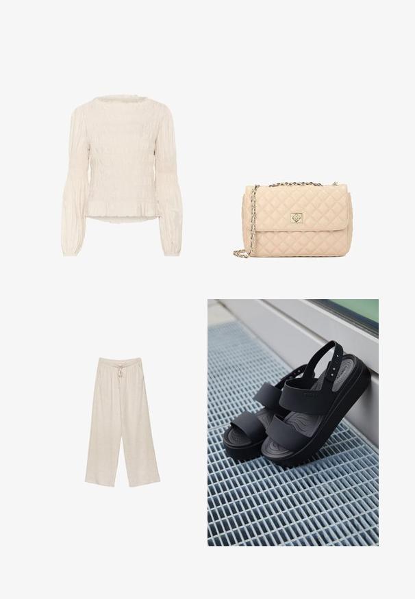 Blouse couleur crème avec texture froncée, manches bouffantes longues et ourlet froncé. Fabriquée en tissu léger et légèrement brillant.; Pantalons larges en lin beige, avec une taille à cordon, deux poches latérales et un tissu légèrement texturé pour une meilleure respiration et un confort optimal.; Sandales à plateforme noires avec deux larges brides et une bride arrière, posées sur une surface métallique grillagée à côté d'une fenêtre en verre.; Sac à main beige matelassé avec une bandoulière en chaîne, doté d'un accent logo en métal et d'une forme rectangulaire, fabriqué à partir de matériau synthétique lisse.