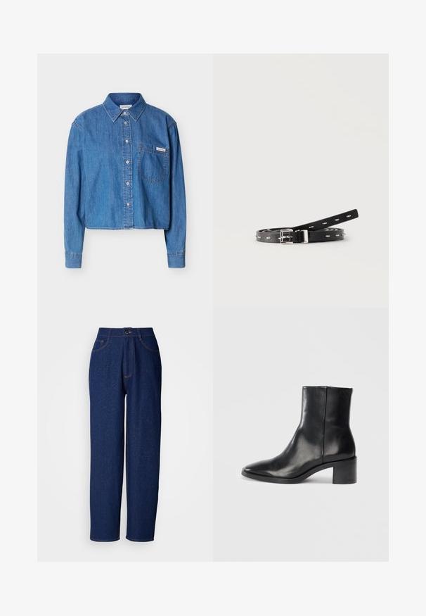 Blaues Jeanshemd mit langen Ärmeln, Knopfleiste, Kragen und Brusttasche, die ein kleines Calvin Klein Logo-Tag trägt.; Dunkelblaue Denim-Hosen im weiten Schnitt mit hoher Taille, ausgestattet mit orangefarbenen Nähten, Vorderaschen und einem Knopfverschluss. Glatte Textur mit feinen Sprenkeln.; Schwarze Leder-Ankle-Boots mit spitzer Zehe, niedrigem Blockabsatz und dezentem, geprägtem Logo. Glatte Oberfläche mit einem eleganten Design und minimalen Nähten.; Schwarzer schmaler Ledergürtel, zusammengerollt mit silberner Schnalle und ovalen Metallösen auf weißem Hintergrund.