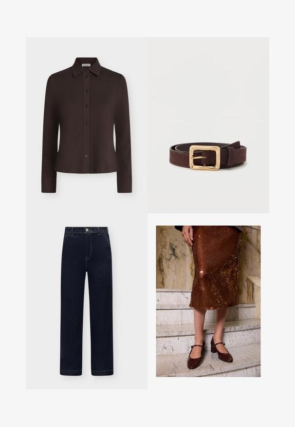 Dunkelbraunes langärmeliges Hemd mit Knöpfen, spitzem Kragen und schwarzen Knöpfen, vor neutralem Hintergrund präsentiert.; Dunkelblaue High-Waist Denim-Jeans mit geradem Bein, Vordertaschen, Knopfverschluss und Gürtelschlaufen auf hellem Hintergrund.; Eine Frau trägt einen braunen Pailletten-Midi-Rock und dunkle, krokodilstrukturiertes Mary-Jane-Absätze und steht auf Marmortreppen.; Dunkelbrauner Lederarmband mit einer breiten goldenen quadratischen Schnalle, flach auf einer weißen Oberfläche gewickelt.
