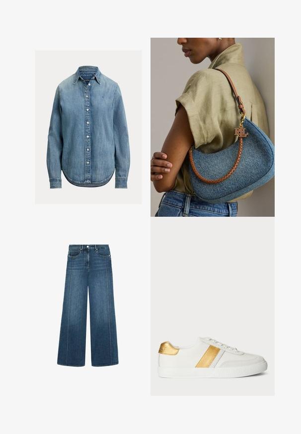 Lichtblauw denim overhemd met knopen, een kraag, lange mouwen en afgeronde zoom. Voorzien van witte knopen en een subtiele textuur in de stof.; Wijde denim jeans in donkerblauw met contrasterende witte stiksels, vijf-pocketontwerp en een knoopsluiting in de taille.; Witte sneakers van synthetisch materiaal, voorzien van een metallic gouden streep en hakaccent, met een gestructureerde rubberen zool.; Vrouw met beige blouse en blauwe jeans houdt een blauwe denim handtas vast met gevlochten bruine band en gouden RLL-logo hanger.