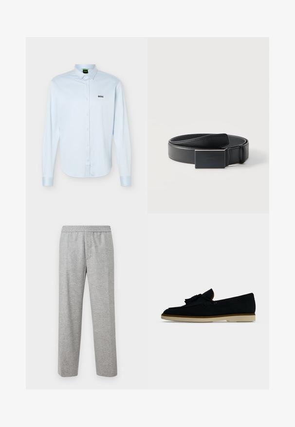 Chemise bleu clair à manches longues, boutonnée avec col, logo noir "BOSS" sur le côté gauche de la poitrine, et poignets avec boutons.; Pantalons en tissu texturé gris clair, avec une taille élastique. Design à jambe droite, sans poches visibles ni détails matériels.; Mocassin noir en cuir avec pampilles et semelle en caoutchouc beige, présenté de profil sur un fond gris clair uni.; Ceinture en cuir noir enroulée avec une boucle noire mate rectangulaire et un logo embossé discret sur fond blanc.