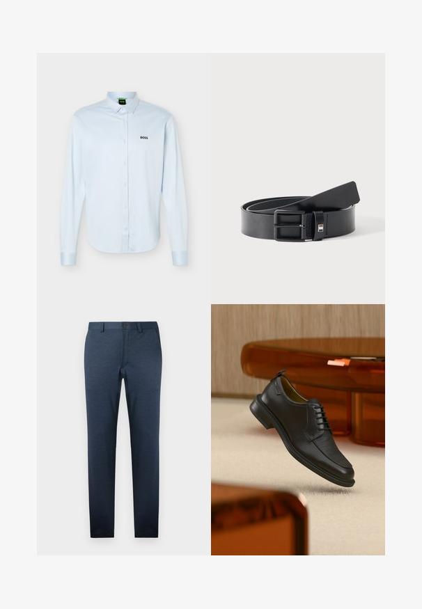 Camisa azul claro de manga larga con botones y cuello, logo negro "BOSS" en el lado izquierdo del pecho y puños con botones.; Pantalones azul oscuro de tejido texturizado, con corte slim, frente plano y cierre de un botón en la cintura.; Zapato de vestir negro de piel con cordones y parte delantera texturizada, flotando sobre una alfombra beige en una habitación moderna con muebles de tono ámbar.; Cinturón de cuero negro con hebilla metálica negra mate, ligeramente enrollado con el extremo de la correa apoyado sobre una superficie blanca.