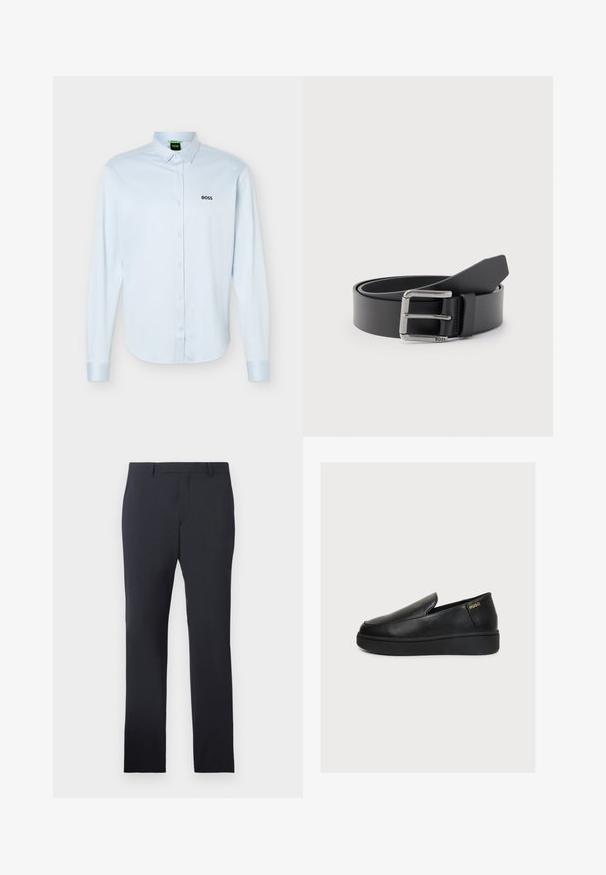 Camisa azul claro de manga larga con botones y cuello, logo negro "BOSS" en el lado izquierdo del pecho y puños con botones.; Pantalones formales de la marina confeccionados en tejido suave. Cuentan con un frente plano, trabillas para cinturón y bolsillos laterales, con un corte recto a medida.; Zapato negro de plataforma de piel con diseño slip-on, suela gruesa y pequeño logo dorado "HUGO" cerca del talón sobre un fondo claro y liso.; Cinturón de cuero negro enrollado con hebilla metálica rectangular plateada grabada con "BOSS" sobre un fondo gris claro.
