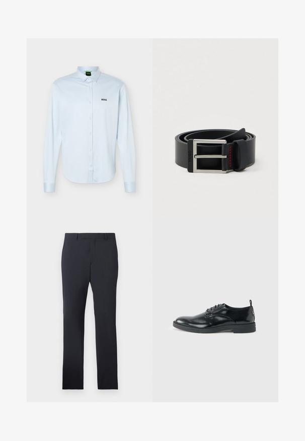 Camisa azul claro de manga larga con botones y cuello, logo negro "BOSS" en el lado izquierdo del pecho y puños con botones.; Pantalones formales de la marina confeccionados en tejido suave. Cuentan con un frente plano, trabillas para cinturón y bolsillos laterales, con un corte recto a medida.; Zapato de vestir negro de cuero brillante con tacón bajo, cierre de cordones y puntera redonda, mostrado de lado sobre un fondo claro y liso.; Cinturón de cuero negro enrollado con una hebilla metálica rectangular plateada y detalles de costura roja cerca del lazo de la hebilla.