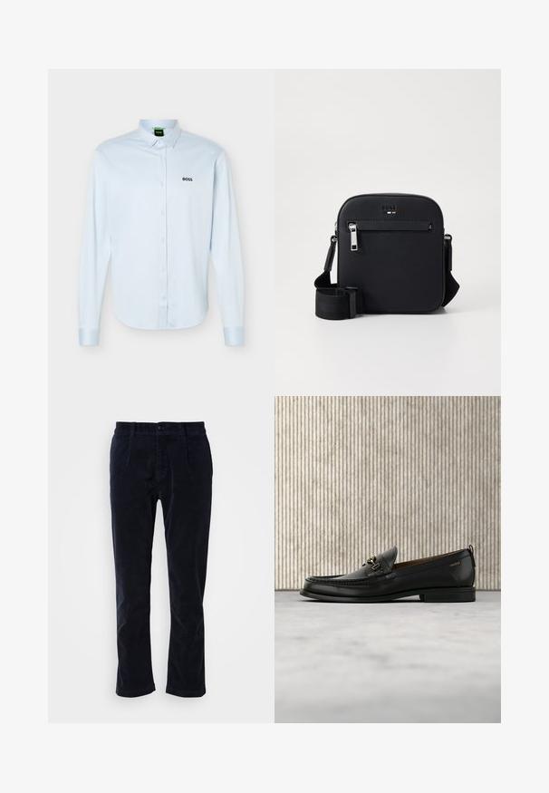 Lichtblauw overhemd met lange mouwen, knopen en kraag, zwart "BOSS"-logo op de linkerborst en manchetten met knopen.; Marineblauwe corduroy broeken met een platte voorkant, twee zijzakken en een enkele knoopsluiting. Zacht van textuur, licht toelopende pijpen.; Zwarte leren loafer met gouden metalen gesp en "HUGO" branding, weergegeven tegen een beige tapijt en bruin doorschijnend meubilair.; Zwarte leren crossbodytas met een gladde textuur, voorzien van een voorvak met ritssluiting, verstelbare riem en een strak vierkant ontwerp.