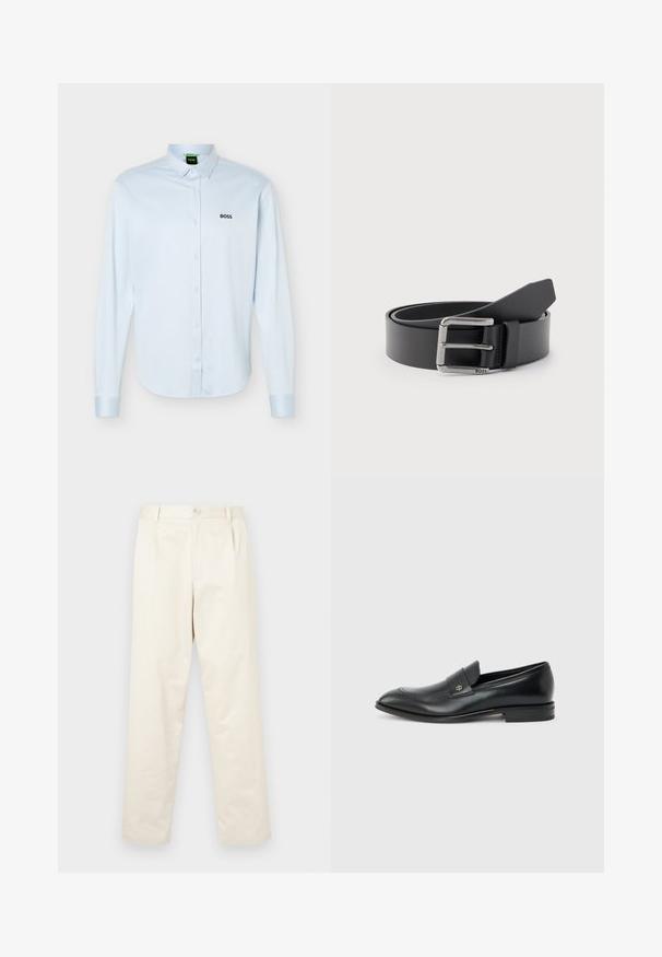 Camisa azul claro de manga larga con botones y cuello, logo negro "BOSS" en el lado izquierdo del pecho y puños con botones.; Chinos de algodón color beige claro con un diseño de pierna recta, que presentan un cierre de botón y dos bolsillos laterales. Textura suave sin patrones visibles.; Mocasín de cuero negro para hombre con tacón bajo, punta redondeada y pequeño logo metálico en la correa, mostrado de perfil sobre un fondo liso.; Cinturón de cuero negro enrollado con hebilla metálica rectangular plateada grabada con "BOSS" sobre un fondo gris claro.