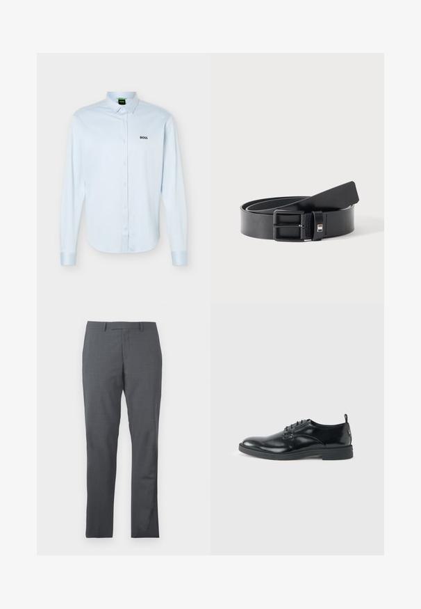 Hellblaues langärmliges Hemd mit Knopfleiste und Kragen, schwarzem "BOSS"-Logo auf der linken Brust und geknöpften Manschetten.; Graue Anzughose aus glattem, strukturiertem Stoff. Slim-Fit-Design, flacher Vorderteil und keine sichtbaren Verzierungen oder Taschen.; Glänzender schwarzer Lederschuh mit niedrigem Absatz, Schnürverschluss und runder Kappe, seitlich auf hellem, schlichten Hintergrund gezeigt.; Schwarzer Ledergürtel mit matter schwarzer Metallschnalle, leicht gerollt mit Gürtelende auf einer weißen Oberfläche liegend.
