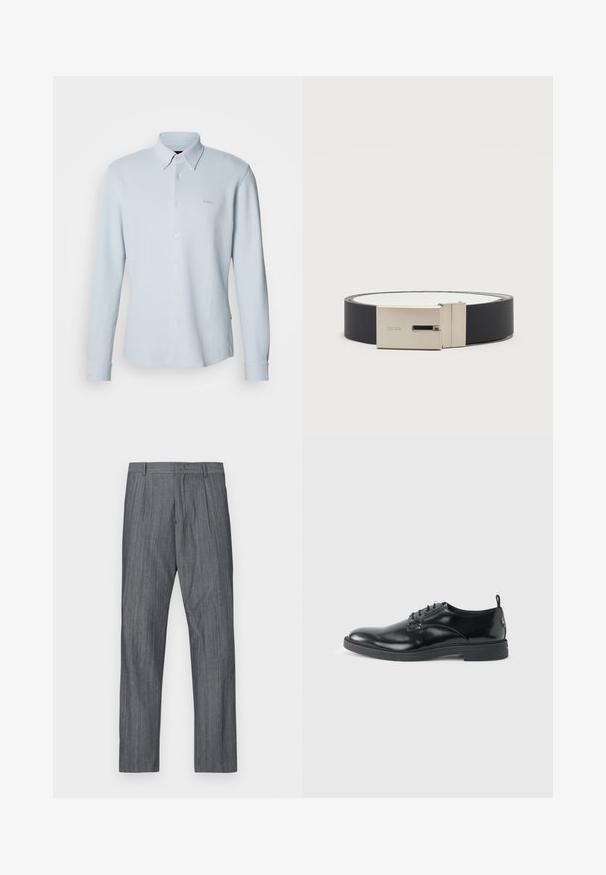 Chemise à manches longues bleu clair avec boutons. Fabriquée en tissu texturé avec un col classique, elle présente un logo subtil sur la poitrine et des poignets avec boutons.; Pantalon gris sur mesure avec un motif à fines rayures discret. Présente des plis à la taille et une coupe droite, confectionné dans un tissu lisse.; Chaussure habillée en cuir noir brillant avec un petit talon, fermeture à lacets et bout rond, vue de côté sur un fond uni et clair.; Ceinture en cuir noir avec boucle rectangulaire argentée gravée "BOSS", roulée en cercle sur un fond clair uni.