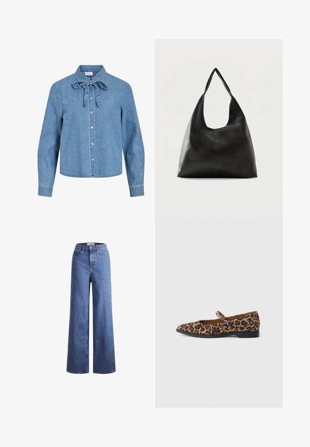 Lyseblå denimskjorte med lange ærmer, sølvfarvede trykknapper foran og en bundet sløjfe ved kraven.; Lyseblå denim brede bukser med høj talje, to frontlommer og synlige stikninger. Har en knap- og lynlåslukning.; Leopardmønstrede flade sko med rund tå, en sort rem over vristen og en lav sort sål. Blødt stof tekstur.; Sort skuldertaske i glat læder med en bred, enkelt strop og et afslappet, minimalistisk design mod en ensfarvet baggrund.