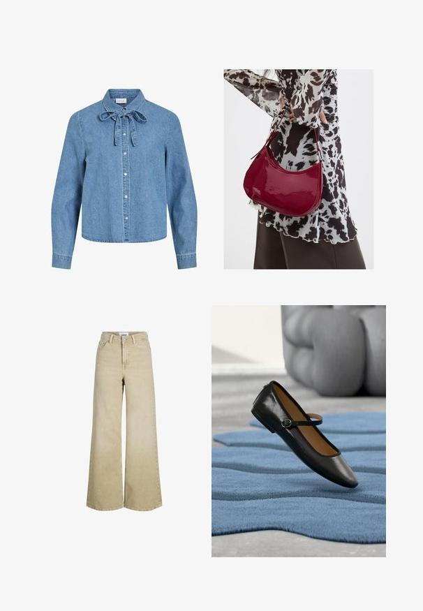 Lyseblå denimskjorte med lange ærmer, sølvfarvede trykknapper foran og en bundet sløjfe ved kraven.; Beige højttaljede vidde-benet jeans med knap og lynlås foran, bæltestropper og forlommer.; Sort læder Mary Jane-sko med spænde, vist på et struktureret blåt tæppe, med en sløret grå tuftet sofa i baggrunden.; Kvinde iført en sort- og hvidmønstret bluse, der holder en blank rød skuldertaske mod en ensfarvet baggrund.