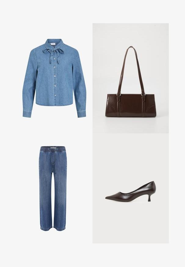 Lichtblauw denim overhemd met lange mouwen, zilverkleurige drukknopen aan de voorkant en een gestrikte strik bij de kraag.; Blauwe denim broek met een elastische tailleband en trekkoord, met een relaxed fit en wijde pijpen, een gladde textuur en gestikte zomen.; Donkerbruine leren pump met spitse neus en lage gebogen hak op een witte achtergrond.; Bruine lakleren handtas met een rechthoekige vorm, twee lange handvatten en subtiele gebogen accenten aan de voorkant.