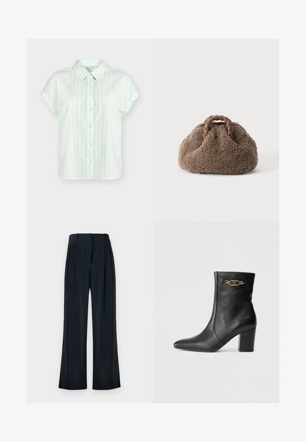 Chemise à manches courtes rayée verticalement en vert clair et blanc, boutonnée sur le devant, avec un col pointu et des manches retroussées.; Pantalon noir à jambes larges avec plis, passants pour ceinture et fermeture éclair à l'avant, présenté à plat sur fond blanc.; Bottine en cuir noir avec un bout pointu, un talon bloc et un détail en chaîne dorée avec les initiales entrelacées "SM".; Petit sac à main marron duveteux avec des poignées en cuir tressé sur un fond uni clair.