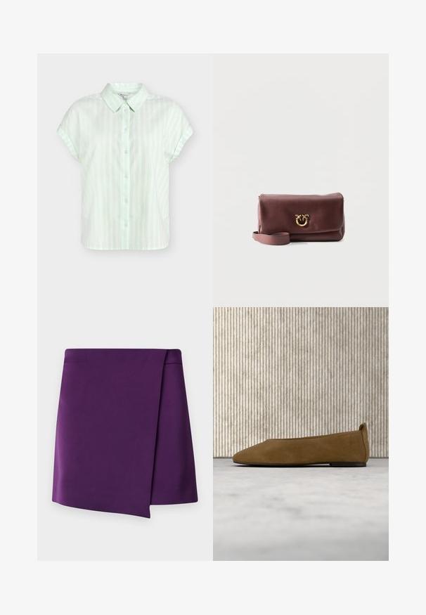 Chemise à manches courtes rayée verticalement en vert clair et blanc, boutonnée sur le devant, avec un col pointu et des manches retroussées.; Mini-jupe violette au toucher lisse, présentant un design enroulé diagonal avec des lignes épurées. Pas de matériel ou de motifs visibles.; Chaussure plate en daim marron avec semelle noire flottant au-dessus d'un tapis beige, avec un mobilier translucide ambré en arrière-plan.; Pochette en cuir marron foncé avec une fermeture circulaire dorée ornée de deux petits oiseaux, et une lanière de poignet amovible.