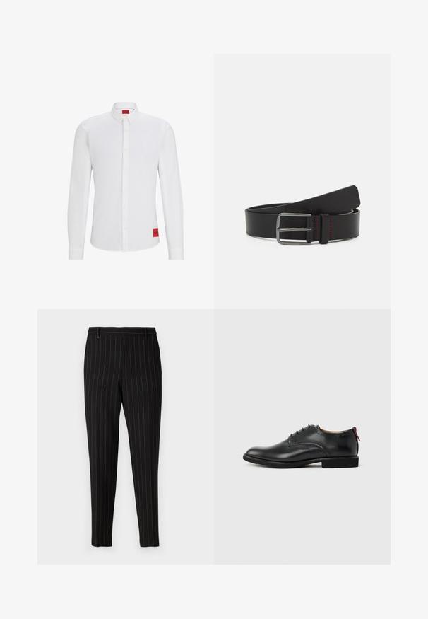 Camisa blanca de manga larga con cuello abotonado, que presenta una etiqueta de marca roja en el costado y una textura suave y uniforme.; Pantalones negros con finas rayas verticales, ajuste entallado, bolsillos frontales y trabillas para cinturón. Hechos de una tela suave y texturizada.; Zapato de vestir para hombre de cuero negro con cordones en la parte delantera y tira roja en el talón sobre un fondo liso.; Cinturón de cuero negro con un diseño plano, hebilla metálica y detalle de costura roja. Textura suave y extremos redondeados.