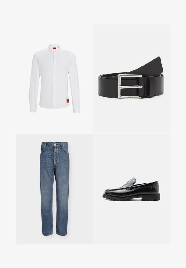 Chemise blanche à manches longues avec un col boutonné, arborant une étiquette de marque rouge sur le côté, et une texture lisse et uniforme.; Jean droit en denim bleu avec taille haute, fermeture à boutons sur le devant et design à cinq poches sur un fond clair uni.; Mocassin en cuir noir avec semelle en caoutchouc épaisse, dessus cousu et nom de marque embossé sur le talon, présenté de profil sur fond blanc.; Ceinture en cuir noir avec une boucle rectangulaire en argent, dotée d'un logo discret et d'une texture lisse. Les extrémités se terminent en rondeur.