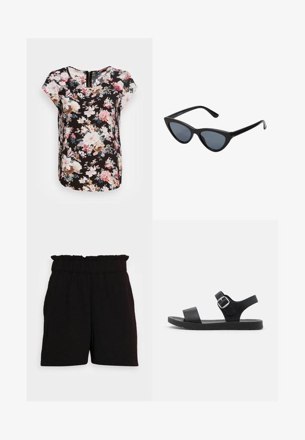 ONLY ONLVIC SS AOP TOP NOOS PTM - Blúzka - black; Čierne šortky s elastickým pásom a detailom volánikov, vyrobené z textúrovanej látky, so bočnými vreckami a voľným strihom.; Čierne sandále s plochou podrážkou, nastaviteľnou prackou, dvoma širokými popruhmi a hladkým povrchom, navrhnuté pre pohodlie a jednoduché obúvanie.; Čierne slnečné okuliare v štýle mačacích očí s tmavošedými sklami, elegantným plastovým rámom, špicatými rohmi a rovnými stranami. Bez viditeľného hardvéru alebo akcentov.