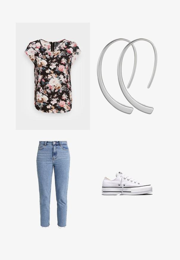ONLY ONLVIC SS AOP TOP NOOS PTM - Bluse - black; Hellblaue High-Waist-Jeans aus Denim, mit geradem Bein, fransigem Saum und minimalistischem Design ohne Verzierungen.; Weißer Canvas-Sneaker in niedriger Ausführung mit weißen Schnürsenkeln, schwarzen Streifen an der Sohle und gummiertem, strukturiertem Zehenschutz, Seitenansicht vor weißem Hintergrund.; Silberne Metall-Hoops Ohrringe mit einer glatten, glänzenden Oberfläche und einer gewölbten Mondform, die ein minimalistisches Design aufweisen und keine sichtbaren Muster haben.