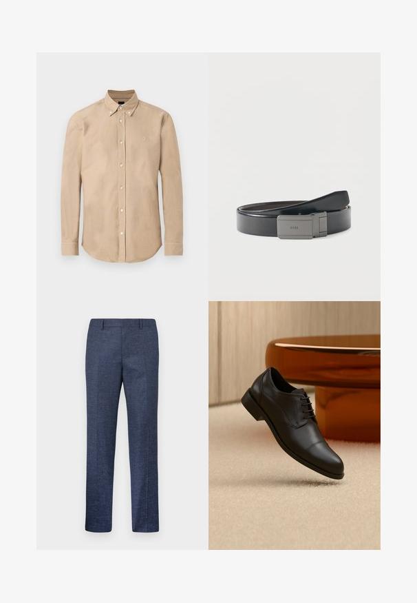 Beige overhemd met lange mouwen, knoopsluiting, button-down kraag en een klein geborduurd logo op de linkerborst.; Heren rechte marineblauwe formele broek met riemlussen, voorplooi en een subtiel gestructureerd stofpatroon.; Zwarte leren formele oxfordschoen met veters zwevend boven een beige tapijt, met een ronde bruine tafel op de achtergrond.; Zwarte leren riem met een rechthoekige zilveren gesp waarop "BOSS" is gegraveerd, losjes opgerold op een effen witte achtergrond.
