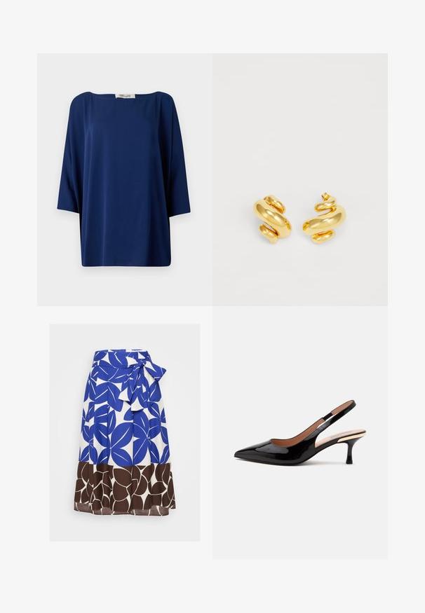 Marineblå løs top med bred udskæring og halværmer, der har en glat tekstur og minimalistisk design.; Blå og hvid nederdel med et iøjnefaldende bladmønster, med en bundet talje og en brun blomsterkant. Fremstillet af letvægtigt stof.; Sort laklæder slingback pumpe med spids tå og lav kitten hæl på en ens hvid baggrund.; Guld spiral hoop øreringe med en glat, poleret overflade, der har et bølget design og en tyk, kraftig form for et iøjnefaldende look.