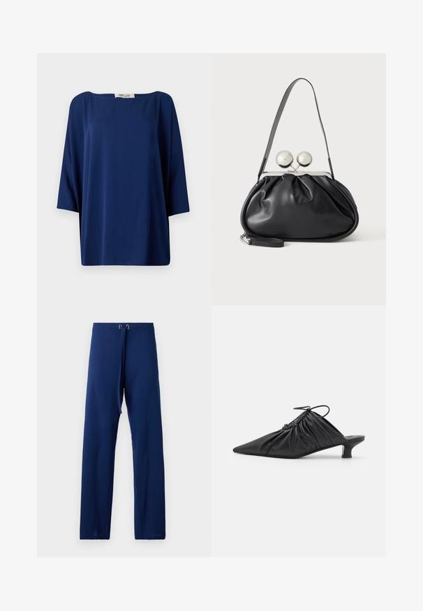 Marineblå løs top med bred udskæring og halværmer, der har en glat tekstur og minimalistisk design.; Mørkeblå bukser med en løs pasform, lavet af glat stof. Har en justerbar talje med snor og øjer i guldfarve til tilpasning.; Sorte læder slip-on mules med spids tå, samlet tekstur og en lille kitten heel. Har en snor-detalje ved åbningen.; Sort læderhåndtaske med opsamlet design, en enkelt rem, sølv metalramme og to store runde sølv lukninger.