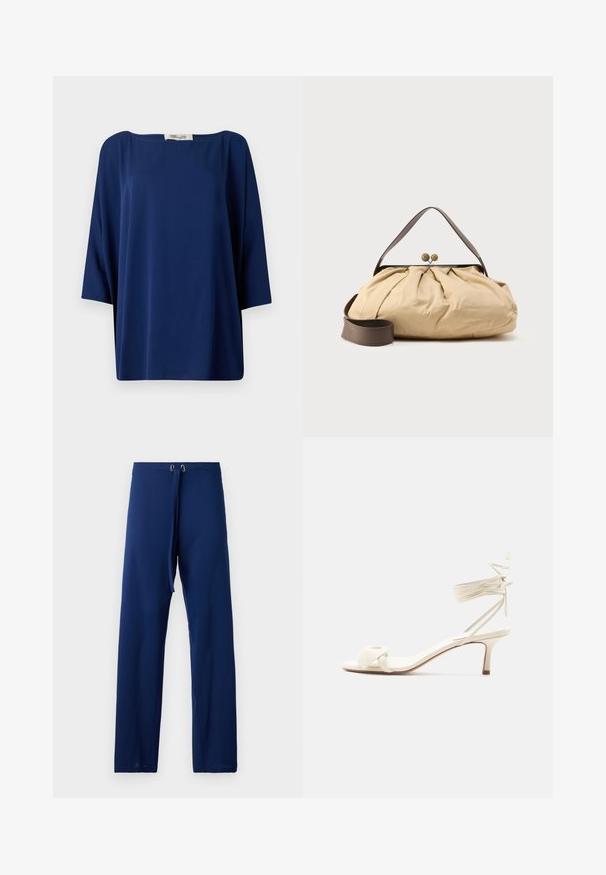 Marineblå løs top med bred udskæring og halværmer, der har en glat tekstur og minimalistisk design.; Mørkeblå bukser med en løs pasform, lavet af glat stof. Har en justerbar talje med snor og øjer i guldfarve til tilpasning.; Kremfarvet sandal med lave hæle, bindebånd om anklen og en bred snoet rem over tæerne på en ensartet hvid baggrund.; Beige stofpose med et samlet design, brunt læderhåndtag og to runde metal-lukninger øverst. Justerbar brun rem medfølger.