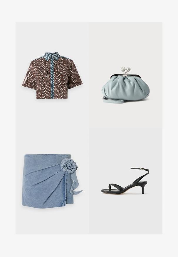 Diane von Furstenberg AMY - Overhemdblouse - brown; Denim wikkel met een lichtblauwe tint, gedetailleerde plooien en een decoratieve bloemenaccent met een hangend lint. Zachte textuur en casual ontwerp.; Zwarte leren dames sandaal met dunne bandjes, een teengreep, een enkelgesp en een stilettohak van gemiddelde hoogte op een neutrale achtergrond.; Kleine lichtblauwe leren muntenportemonnee met zilverkleurige metalen kiss-lock sluiting en kort polsbandje op een effen achtergrond.