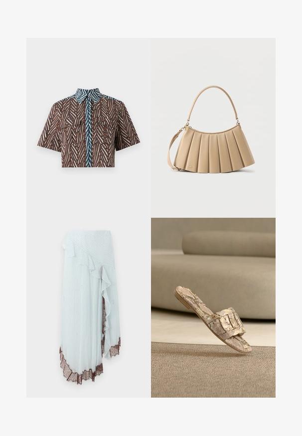 Diane von Furstenberg AMY - Nööpidega pluus - brown; Hele sinine mähkiv seelik, millel on vertikaalsed valged triibud, frilliga serv ja keerukas pruuni pitsi ääris hem.; Kilpkonnamustriga liugsaapad lamedal tallal, mis on laiade rihmade ja tekstuurse pinnaga. Värvid on beež ja pruun, peene mustriga.; Beež voltidega õlakott ümmarguse ülaosas oleva käsipuuga ja lahtikäiva rihmaga, valmistatud sileast nahast, lähedal põhja peen detailne logo.
