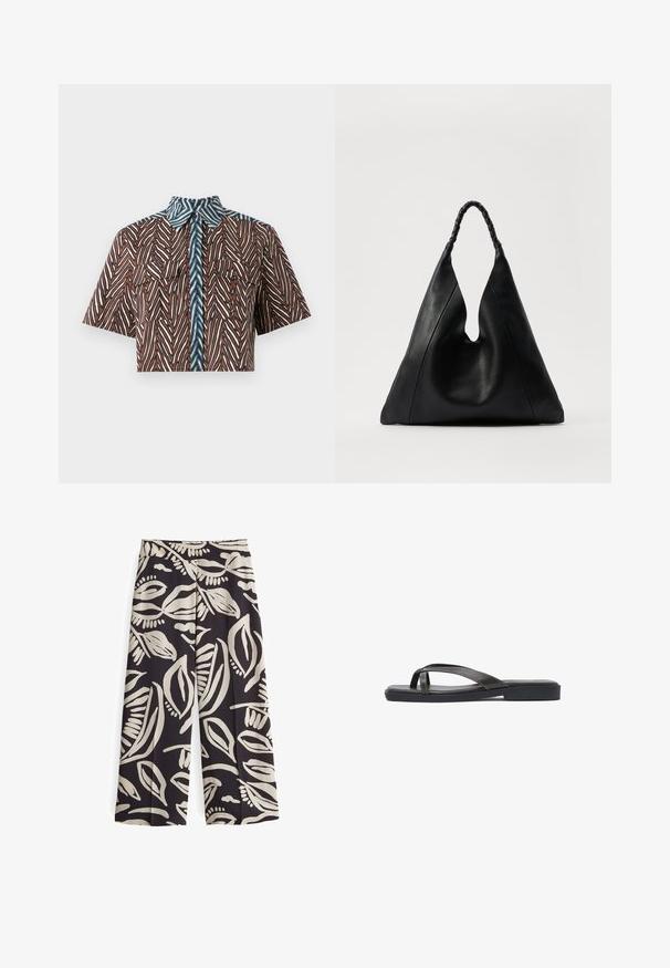 Diane von Furstenberg AMY - Hemdbluse - brown; OPUS HIGH RISE CROPPED WIDE FIT PRINT - Stoffhose - midnight brown; Schwarze flache Sandale mit einem überkreuzten Zehenriemen und einem schräg verlaufenden Seitenriemen, mit sichtbaren weißen Nähten an den Riemen.; Schwarze Ledertasche mit einer einzigartigen V-förmigen Öffnung, ausgestattet mit einem geflochtenen Griff und einer strukturierten Oberfläche. Minimalistisches Design mit sanften Kurven.
