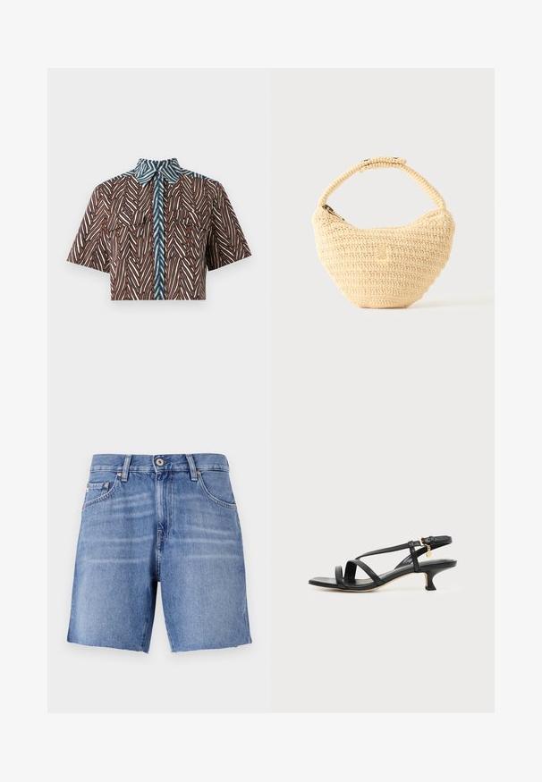 Diane von Furstenberg AMY - Skjortebluser - brown; Lyseblå denimshorts med lige snit, rå kant, fem lommer og metalknaplukning. Stoffet har en glat tekstur med let falming.; Sort læder sandal med lav, tynd hæl, ankelspænde og lille guldkæde mod en lys, ensartet baggrund.; Beige vævet håndtaske med afrundet krop, lynlås, og en kort, tyk strop i en enkel, tekstureret hæklestil.