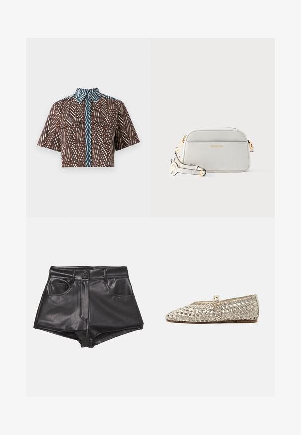 Diane von Furstenberg AMY - Blusa - brown; Pantalones cortos de imitación cuero negros con cintura alta, que cuentan con dos bolsillos frontales, costuras visibles y una textura suave.; Zapato plano plateado con punta puntiaguda, textura tejida y una pequeña correa con hebilla sobre el empeine, sobre un fondo blanco liso.; Bolso bandolera de cuero blanco con herrajes dorados y correa ajustable, con un sutil logo de la marca en el bolsillo delantero.