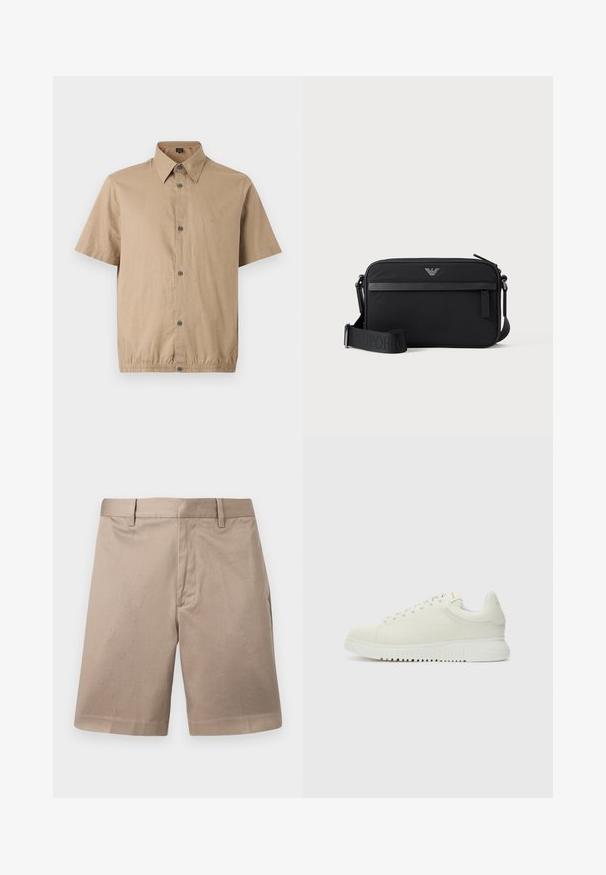 Chemise beige à manches courtes, boutonnée, col pointu, cinq boutons sur le devant et un détail subtil avec un ourlet élastique.; Shorts chino beige jusqu'au genou avec passants pour ceinture, couture avant et taille ajustée, présentés sur un fond uni.; Baskets blanches en cuir avec un dessus texturé, bout rond, semelle plate blanche et lacets ton sur ton. Marque discrète sur la languette.; Sac bandoulière rectangulaire noir avec poche avant zippée, sangle réglable et petit logo métallique en haut au centre.