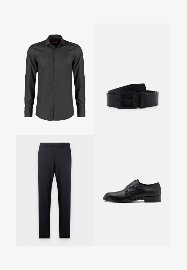 Chemise noire à manches longues avec une coupe ajustée, fabriquée en tissu lisse. Dotée d'un col pointu et de six boutons sur le devant.; Pantalons taillés bleu marine foncé avec un devant plat, coupe ajustée, poches latérales et une texture lisse ; sans motifs ni embellissements visibles.; Chaussure habillée en cuir noir avec double boucle, silhouette élégante et bout rond. Dispose d'un petit talon et d'une texture lisse.; Ceinture en cuir noir à finition mate, présentant une boucle en métal rectangulaire et une texture lisse. Design simple sans motifs ni accents.