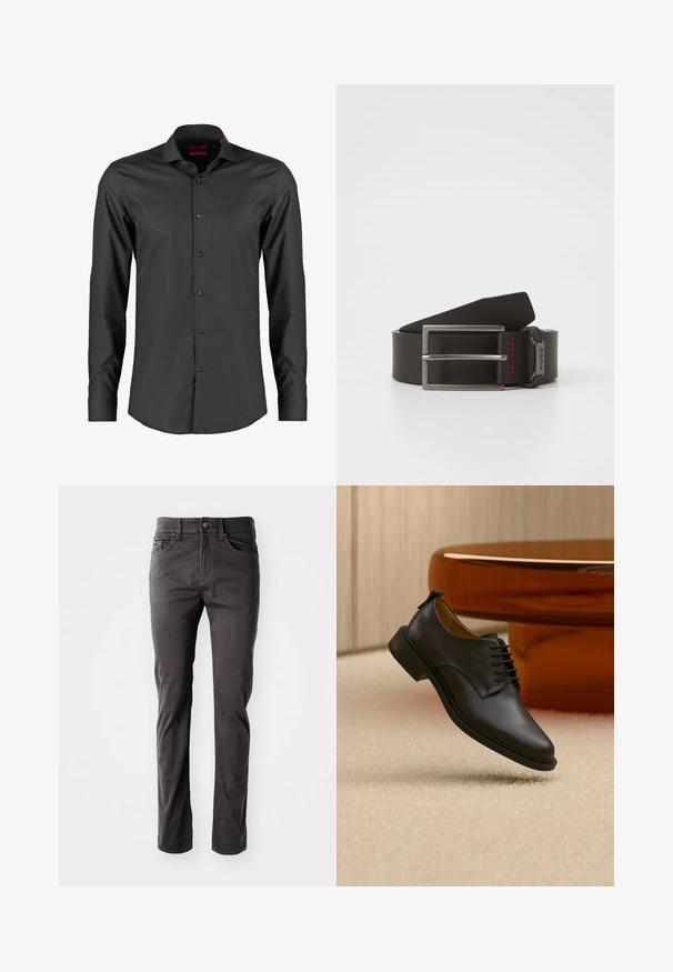 Zwarte langefris shirt met een slim fit, gemaakt van zacht materiaal. Voorzien van een puntige kraag en zes knopen aan de voorkant.; Donkergrijze, rechte pantalon van katoenmix. Voorzien van een knoop- en ritssluiting, en vijf zakken met subtiele stikdetails.; Zwarte leren nette herenschoen met veters die boven een beige tapijt zweeft, met een bruine ronde salontafel op de achtergrond.; Zwarte leren riem met een zilveren metalen gesp met een rood accentstiksel. De riem heeft een gladde afwerking en een rechthoekige vorm.