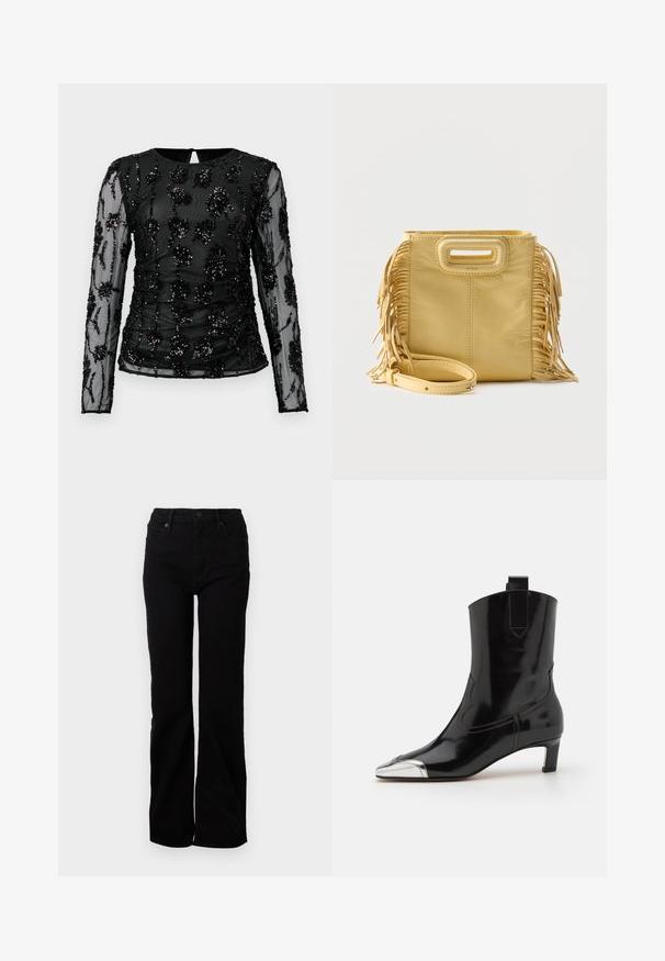 Sort langærmet top lavet af gennemsigtigt stof, med broderede blomsteredesign prydet med pailletter og ruching-detaljer langs kroppen.; Sorte denim jeans med en straight leg-design, fem lommer, frontlukning med knap og subtil struktur. Ingen synlige mønstre eller accenter.; ALOHAS SHIMMER BICOLOR BOOTS - Støvletter - black/silver; Gul lædertaske med frynser på siderne, rektangulært udskåret håndtag og aftagelig skulderrem placeret foran.