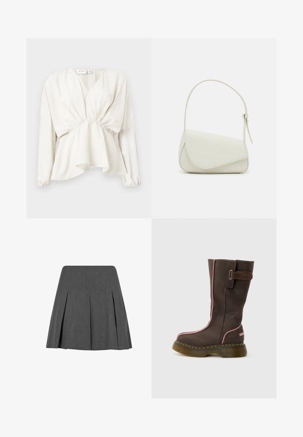 Blouse blanche à manches longues avec taille élastique, encolure en V et ourlet évasé, présentée sur un fond neutre à plat.; Jupe plissée grise au design structuré, fabriquée à partir d'un tissu lisse. Présente un ourlet droit et une texture subtile. Pas de matériel visible.; Botte en cuir marron mi-mollet avec des bordures roses, une semelle épaisse translucide, des coutures jaunes et une sangle latérale avec une boucle en métal.; Sac à main en cuir synthétique blanc avec une forme triangulaire structurée, une bandoulière unique réglable et un rabat à courbes accentuées.