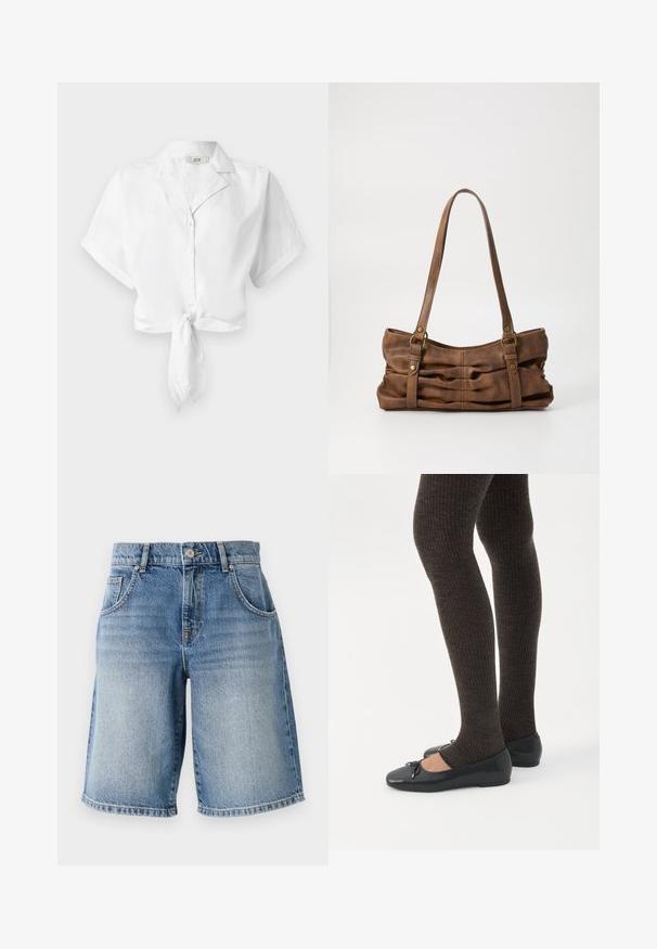 Chemise blanche courte avec des manches courtes et un col, présentant un nœud à l'avant et une fermeture à bouton au centre. Texture de tissu lisse.; Shorts en denim bleu clair avec une coupe droite, cinq poches et quincaillerie en bronze. Présente un ourlet effiloché et une texture délavée.; Jambes portant des leggings côtelés foncés associés à des ballerines noires avec de petits détails en nœud sur fond blanc.; Even&Odd by Zalando Sac à main - brown