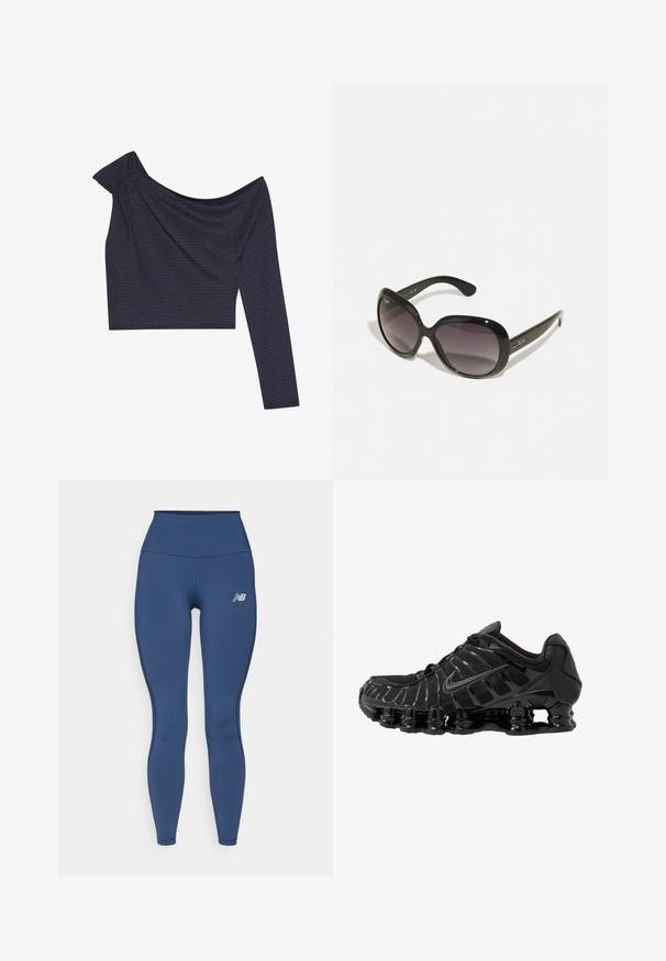Mørkeblå cropped top med en langærmet og en asymmetrisk halsudskæring. Struktureret stof med subtile vandrette striber.; Mørkeblå leggings lavet af strækbart stof, med en høj talje og et diskret logo på venstre side, samt en glat, mat finish.; Sort atletisk sko med mesh-overdel og glatte overlays. Har buet spiralbøsningsdæmpning og strukturerede linjer på siden. Nike-logoet er synligt.; Sorte solbriller med oversized, runde stel. Lenses, der gradiere fra mørk til lys. Har en slank, blank finish og diskrete logo accenter på stænger.