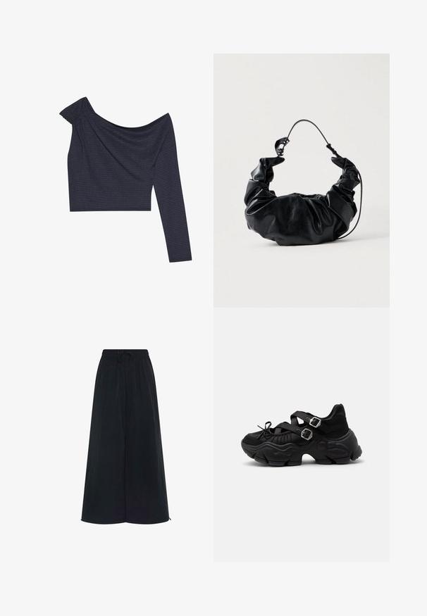 Donkerblauw cropped top met één lange mouw en een asymmetrische halslijn. Getextureerde stof met subtiele horizontale strepen.; Zwarte wijdvallende broek met een elastische tailleband en een verstelbaar trekkoord. Gemaakt van een lichte stof met een gladde textuur. Geen zichtbare patronen.; Zwarte chunky sneaker met dikke zool, twee verstelbare riemen met zilveren gespen en een vetersluiting aan de voorkant.; Zwarte neplederen handtas met een zacht, geplooid ontwerp en een flexibele handgreep, met een gladde textuur en subtiele glans.
