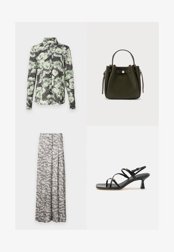 Skjorte med knapper i en sort og grøn blomstret mønster, kravedesign, lange ærmer og en tekstureret stof.; Bredde bukser i et letvægtsstof med et grå- og hvidt bølget camouflage-mønster, med knaplukning og plisseret design.; Sorte lakerede sandaler med stropper, kvadratisk tå og en lav blokhæl. Udstyret med guldfarvet hardware og justerbare ankelremme.; Mørkegrøn læderhåndtaske med enkelt topgreb, opsamlede sider og en forreste rem med sølvknaplukning, vist mod en ensfarvet baggrund.