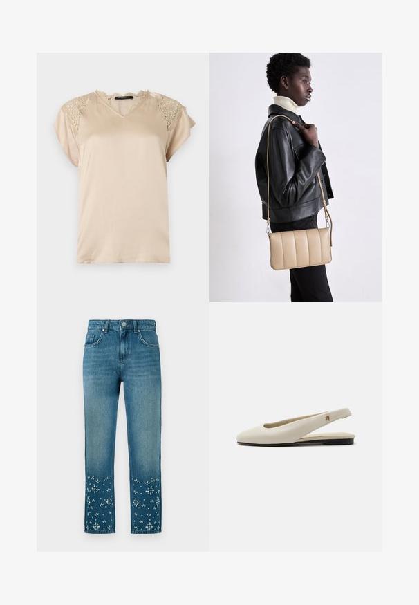 Blouse beige en satin à manches courtes avec des détails en dentelle aux épaules et à l'encolure, avec un col en V et une coupe décontractée.; Jean en denim bleu à coupe droite, avec broderies florales et embellissements à l'ourlet et design à cinq poches.; Chaussure plate slingback en cuir couleur crème avec un bout arrondi et un petit emblème doré sur la bride.; Sac en cuir beige en bandoulière avec un design matelassé, de forme rectangulaire, avec une fine sangle et des détails en métal argenté, porté par une personne en veste noire.