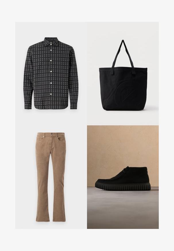 Zwarte lange mouwen button-up shirt met een wit geruit patroon en witte knopen, plat weergegeven op een witte achtergrond.; Bruine corduroy broeken met een rechte pasvorm, vijf zakken en een knoop- en ritssluiting. Textuurstructuren lopen verticaal over de stof.; Zwarte enkelboots van zacht materiaal, met een ronde neus, minimale veters en een gestructureerde rubberen zool met verticale groeven.; Zwarte canvas tas met twee schouderbanden en een subtiel, ingebosseleerd cirkelvormig ontwerp aan de voorkant.
