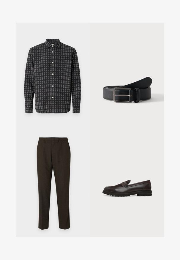 Camisa negra de manga larga con botones, con un patrón a cuadros blancos y botones blancos, mostrada plana sobre un fondo blanco.; Pantalones marrones de corte recto, con una textura suave, lazos para cinturón y bolsillos laterales. Aptos para vestimenta formal.; Mocasín tipo penny de cuero y ante marrón oscuro con suela gruesa de goma negra, perfil lateral sobre fondo blanco.; Cinturón de cuero negro enrollado con hebilla rectangular de metal plateado sobre un fondo claro y sencillo.