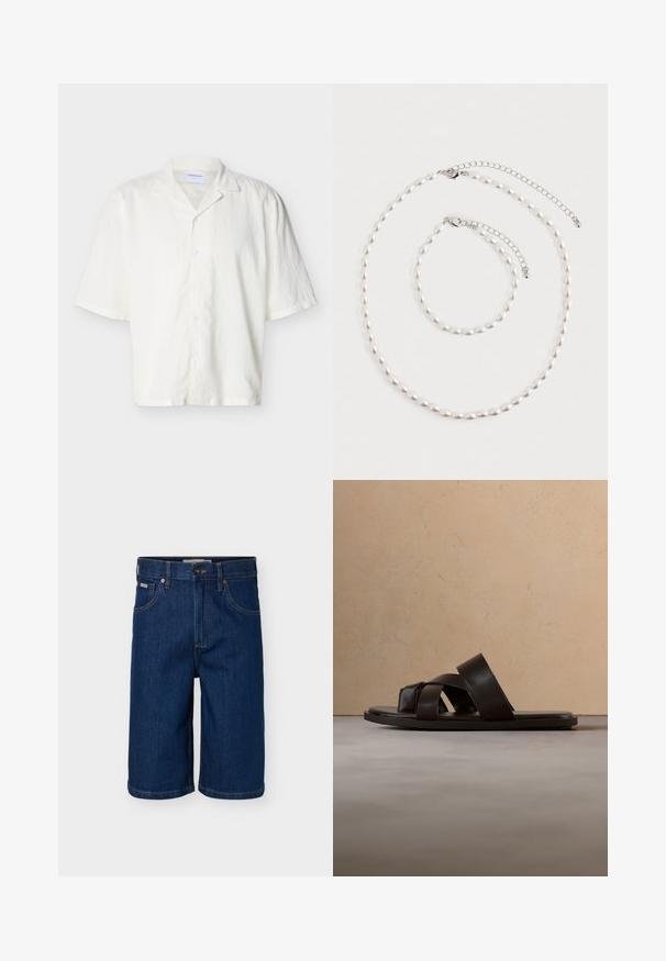 Wit overhemd met korte mouwen en knopen, met campkraag, gemaakt van lichtgewicht stof, weergegeven op een neutrale achtergrond.; Donkerblauwe denimshort met voorzakken, ceintuurlussen, knoopsluiting en contrasterende stiksels.; Zwarte leren slip-on sandaal met drie gekruiste bandjes, platte zool en een gladde textuur, boven een geweven natuurlijk vezel tapijt.; Parelketting en bijpassende armband met zilveren ketting sluitingen, gerangschikt op een witte achtergrond.