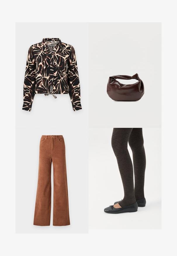 Langærmet skjorte med knapper, sort og brun bladmønster på beige baggrund, med et bindebånd foran i kanten.; Bredane corduroy bukser i en dyb brun farve, med lodrette ribber, frontlommer og knaplukning i taljen.; Ben iført mørke ribbede leggings kombineret med sorte balletsko med små sløjfedetaljer på hvid baggrund.; Mørkebrun læder skuldertaske med en blød, afslappet form og et snoet knudehåndtag på en ensartet hvid baggrund.