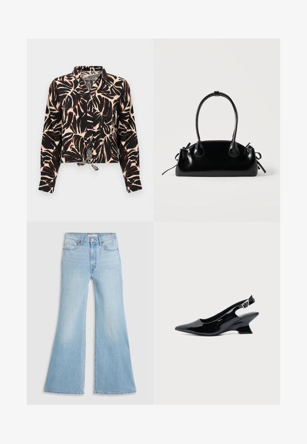 Blusa abotonada de manga larga con estampado de hojas negras y marrones sobre fondo beige, con un nudo delantero en el dobladillo.; Vaqueros acampanados de color azul claro con una cintura alta, hechos de mezclilla. Presentan un diseño clásico de cinco bolsillos y un acabado sin rematar en los puños.; Zapato slingback de cuero charol negro con puntera puntiaguda y tacón bajo en bloque inclinado sobre fondo claro liso.; Pequeño bolso negro brillante con dos asas largas y detalles de cordón lateral sobre un fondo claro liso.