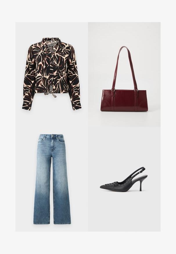 Blusa abotonada de manga larga con estampado de hojas negras y marrones sobre fondo beige, con un nudo delantero en el dobladillo.; Jeans de denim de pierna ancha en lavado azul claro, con cintura alta, diseño de cinco bolsillos y un ligero desvanecimiento en la tela. Cierre clásico con botón de metal.; Sandal de tacón stiletto negro de cuero con punta afilada, correa lateral con hebilla, tachuelas a lo largo del borde y cordones decorativos en la parte delantera.; Bolso burdeos hecho de material brillante, de forma rectangular, con dos asas para el hombro y sutiles acentos curvados en la parte frontal.