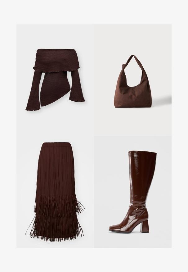 Donkerbruine off-shoulder gestructureerde top met lange uitlopende mouwen en asymmetrische zoom, ontworpen voor een aansluitende pasvorm.; Bruine geplooide midi-rok met gelaagde franjerand, voorzien van een elastische tailleband en een luchtige textuur.; Kniehoge bruine laarzen van gepatenteerd leer met een vierkante neus, glanzende afwerking en een chunky hak voor stabiliteit. Naadloos ontwerp zonder zichtbare hardware.; Bruine gestructureerde stoffen handtas met een enkele handgreep die in een knoop is gebonden, weergegeven tegen een effen lichte achtergrond.